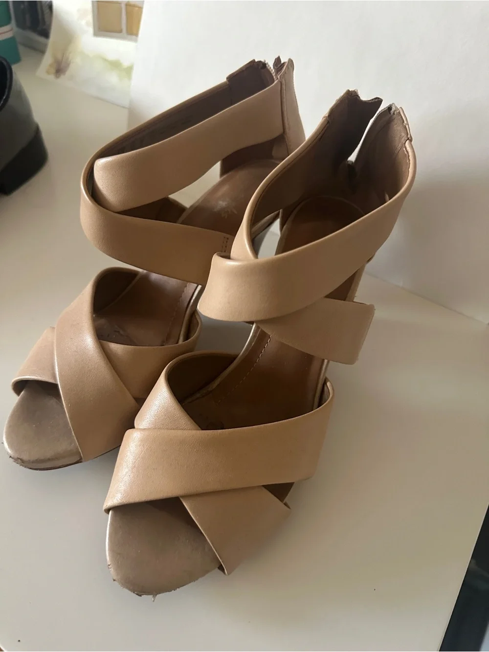 Women’s Nude Strappy Peep-Toe Heels - very comfortable